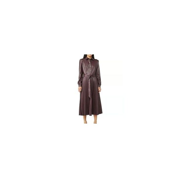 Scoop Womens Small Brown Faux Leather Pleated Midi Shirt Dress Accordion Preppy - Picture 1 of 5